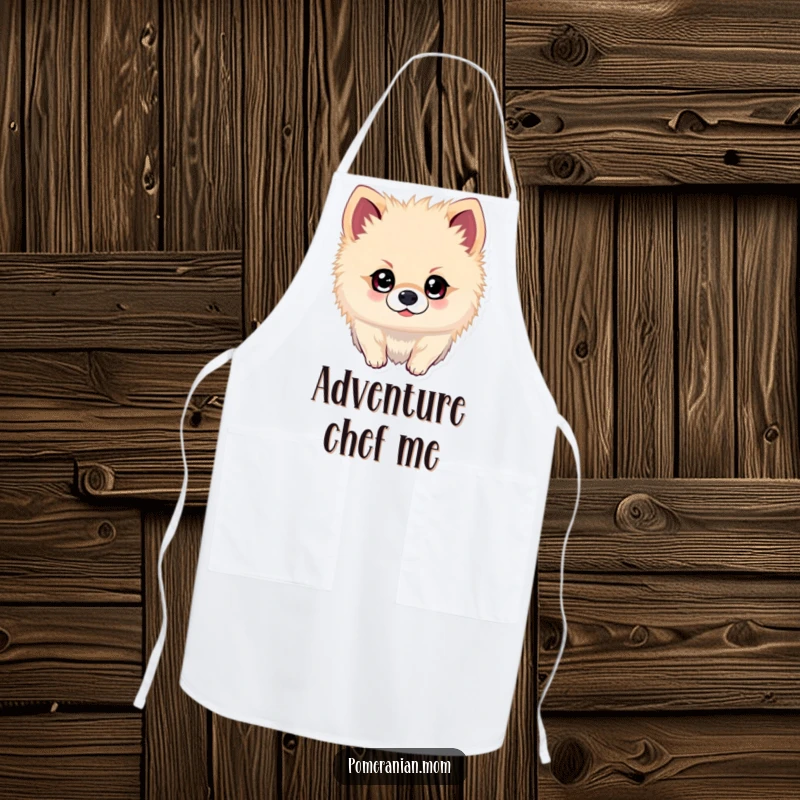 Funny Kawaii Pomeranian Apron: Dog with sparkling eyes, ready for kitchen adventures, a humorous and practical cooking accessory.