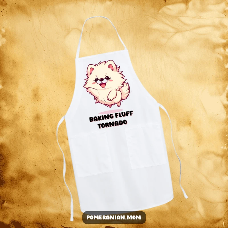 Funny Kawaii Pomeranian apron featuring a small dog in an energetic leap, inspiring playful cooking and baking fun.