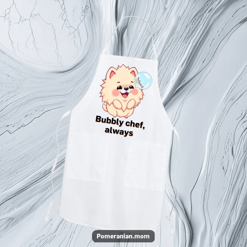 Funny apron designed for cooking, showing a kawaii Pomeranian joyfully barking at a floating bubble, ready for kitchen adventures.
