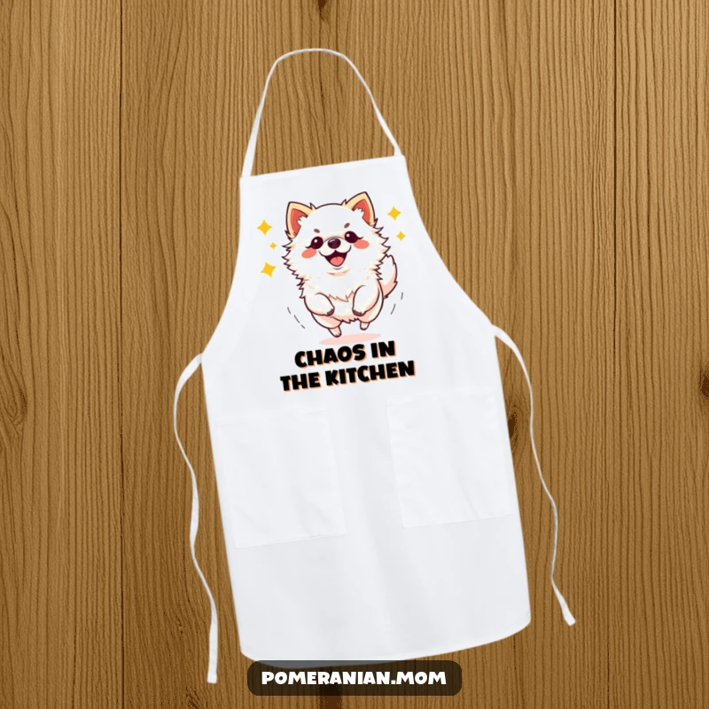 Funny kawaii Pomeranian doing energetic zoomies apron, a playful and practical accessory for dog lovers in the kitchen.