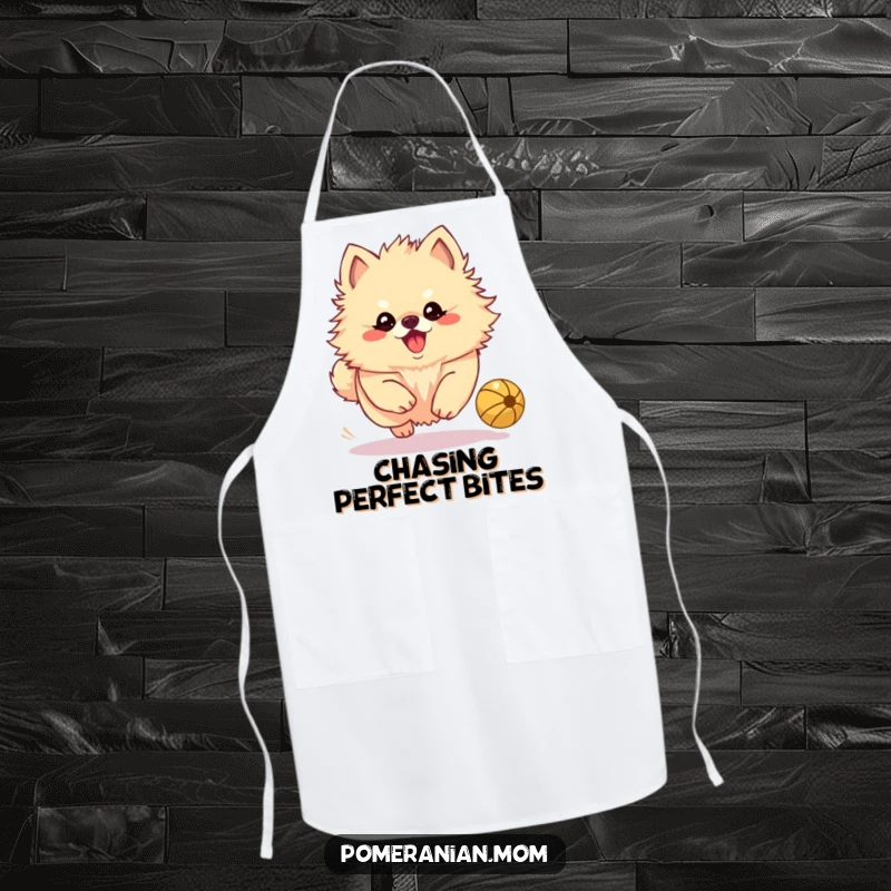 Funny Kawaii Pomeranian in a determined ball chase on a playful kitchen apron, ready for cooking fun.