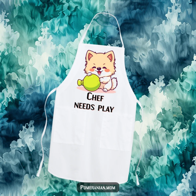 Funny kawaii Pomeranian apron, depicting a fluffy dog yipping excitedly at a toy. Great for playful cooks.