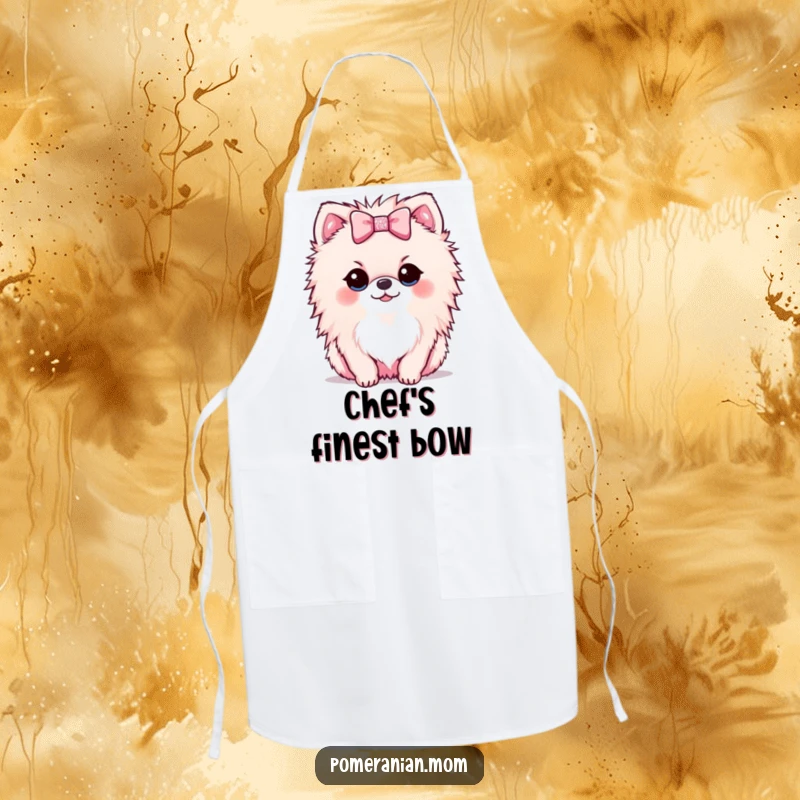 Funny Kawaii Pomeranian apron designed with a small dog offering a tiny, sparkly bow, adding kitchen charm.