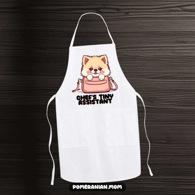 Funny Kawaii Pomeranian peeking from a tiny purse on this functional apron, adding a touch of playful charm to cooking tasks.