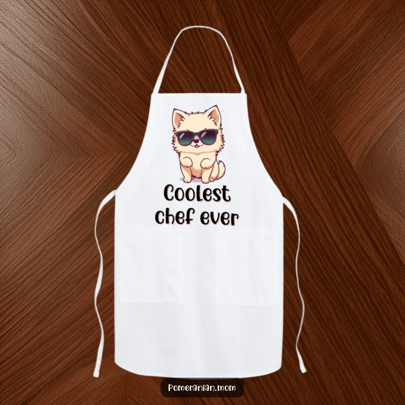 Funny tiny Pomeranian character hilariously attempting to wear oversized sunglasses on this functional apron, adding a touch of cool fun to cooking.