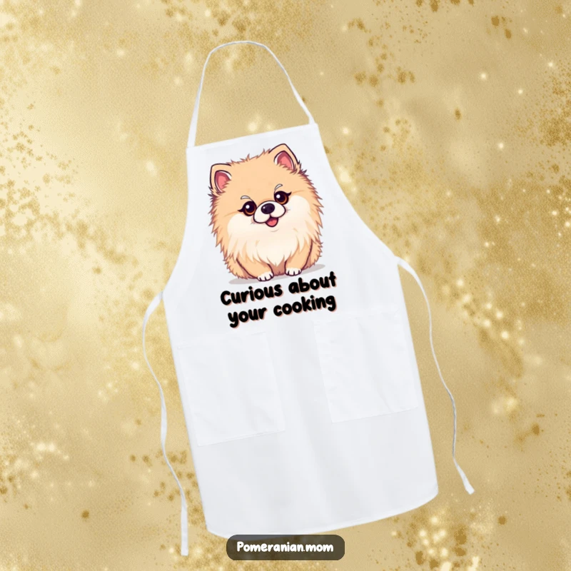 Funny kawaii Pomeranian apron, a cute dog chef with a curious head tilt. Adds charm to cooking.