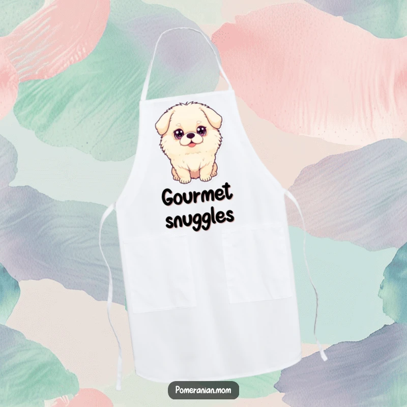Funny dog apron with a fluffy dog and big, sparkling eyes, perfect for adding charm to cooking or baking.