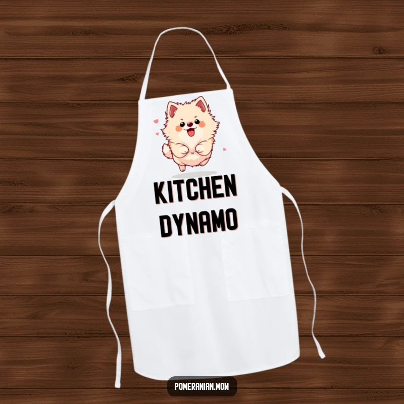 Funny Pomeranian apron depicting a small dog bounding with energetic flair, ready to tackle any kitchen task with enthusiasm.