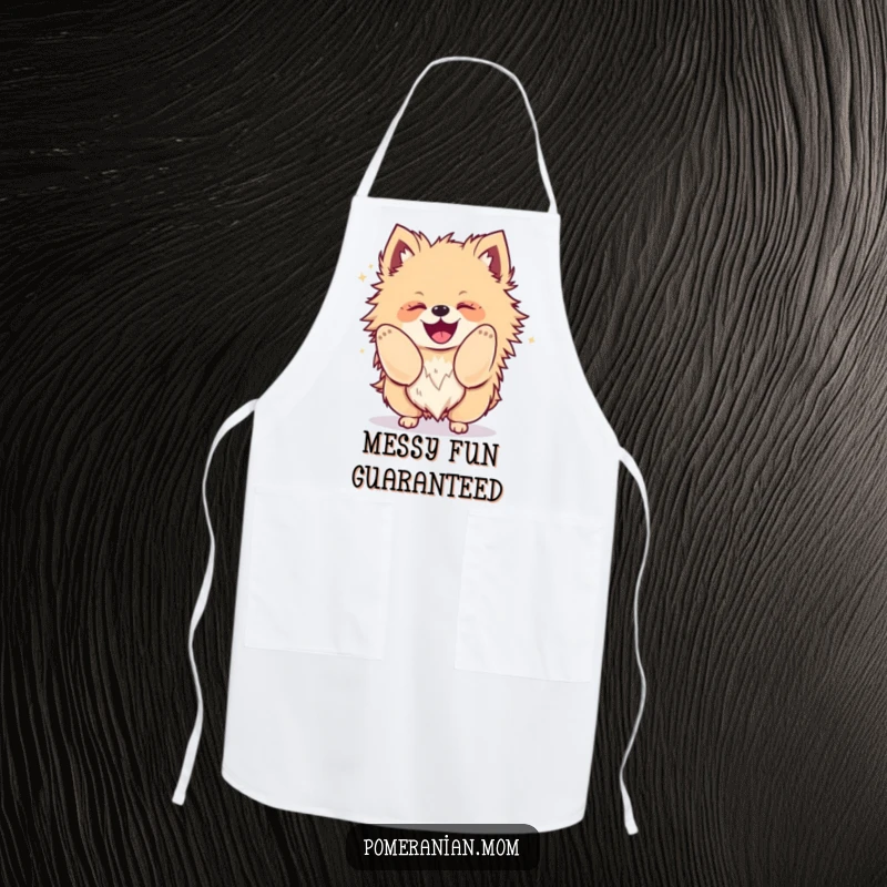 Funny Kawaii Pomeranian apron, a fluffy dog shaking its body with glee, great for cooking and baking.