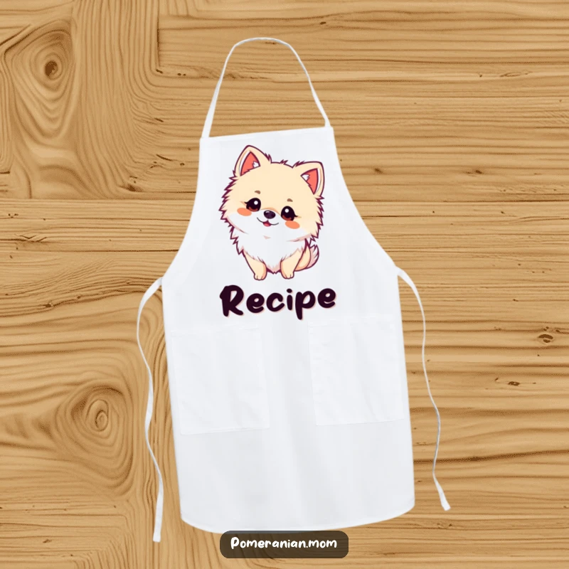 Funny kawaii Pomeranian apron, depicting a fluffy dog tilting its head with curiosity. Great for thoughtful cooks.