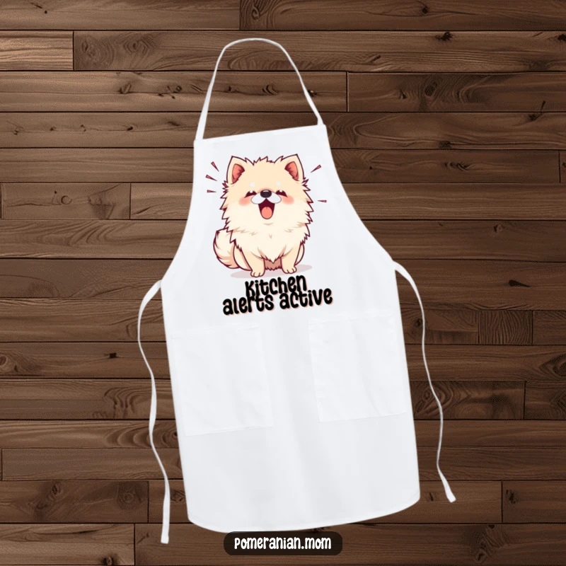 Funny Kawaii Pomeranian Apron: A cute dog barking with sound lines while cooking, bringing funny greetings to the kitchen.