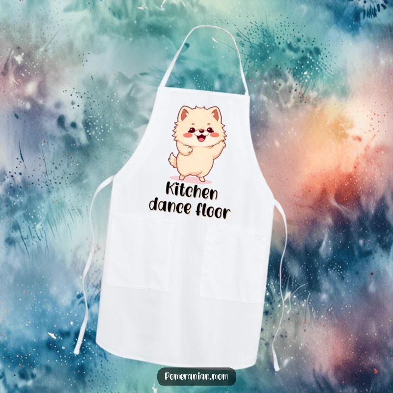 Funny Kawaii Pomeranian performing a happy dance in a kitchen apron, ready to cook up some fun.