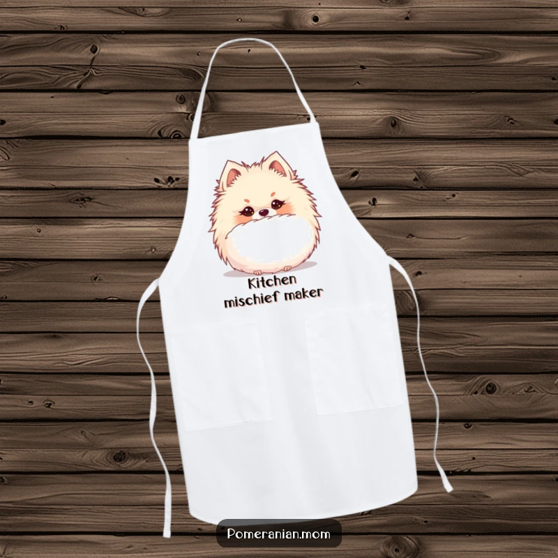 Funny Kawaii Pomeranian with a mischievous glint, hiding behind a puffball on a playful kitchen apron.