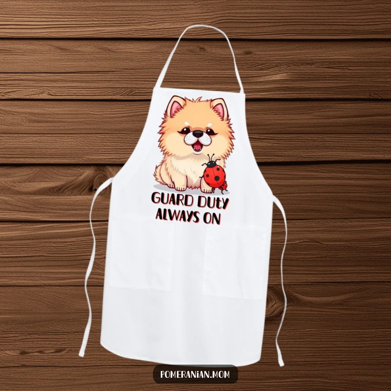 Funny apron showcasing a kawaii Pomeranian bravely barking at a tiny ladybug, adding humor to kitchen tasks.