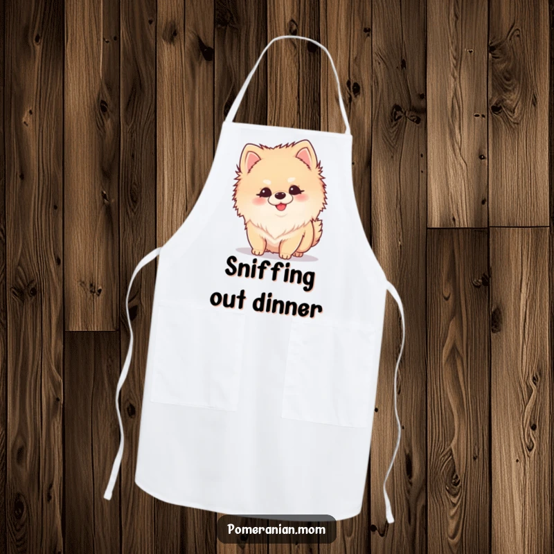 Funny Kawaii Pomeranian apron designed with a small dog curiously sniffing, ready for kitchen adventures.