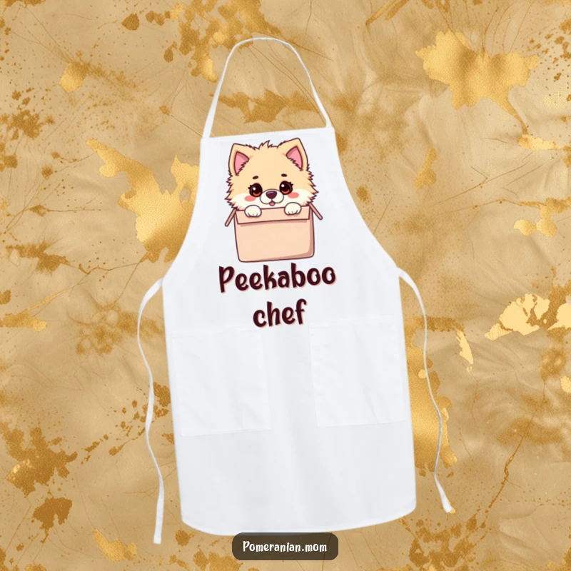 Funny apron designed for cooking, showing a kawaii Pomeranian with a surprised expression, peeking from inside a toy box.