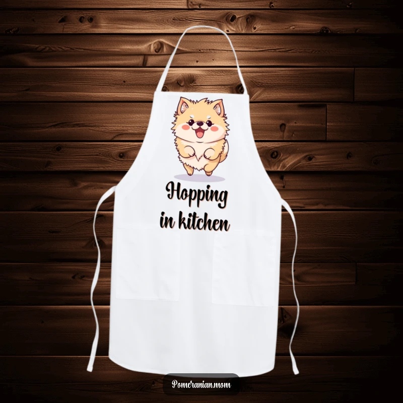 Funny Pomeranian Apron showing a kawaii Pomeranian character doing a cute, bouncy hop while cooking.