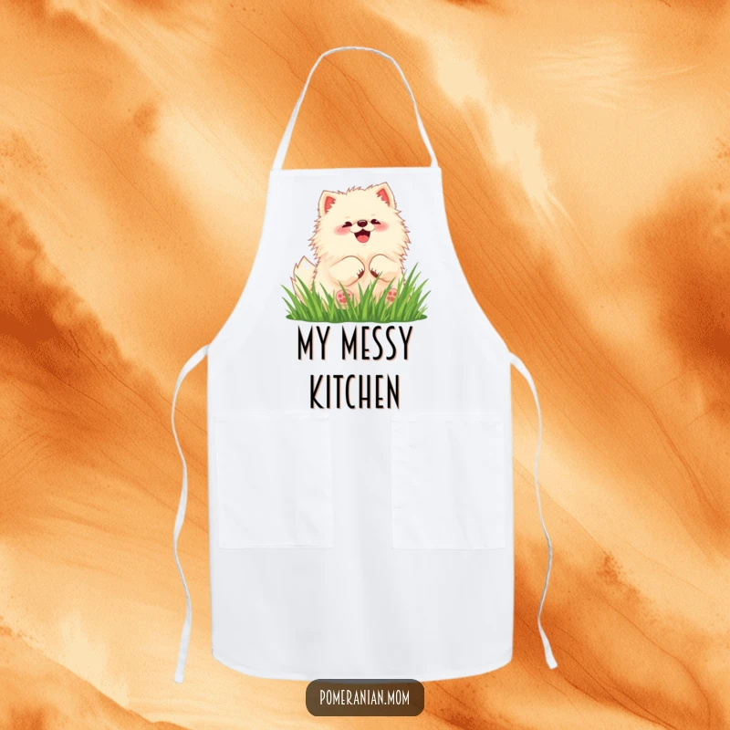 Funny Pomeranian apron featuring a kawaii dog having a blast rolling in the grass.