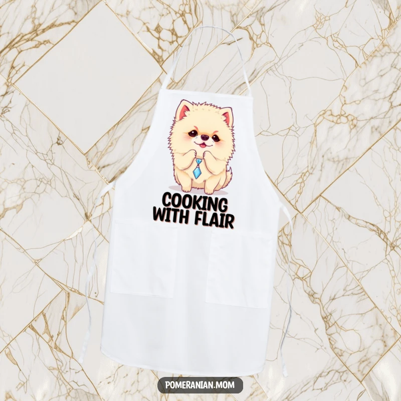 Funny Pomeranian apron showing a playful dog batting at a dangling sparkly charm, a cute and humorous kitchen accessory.
