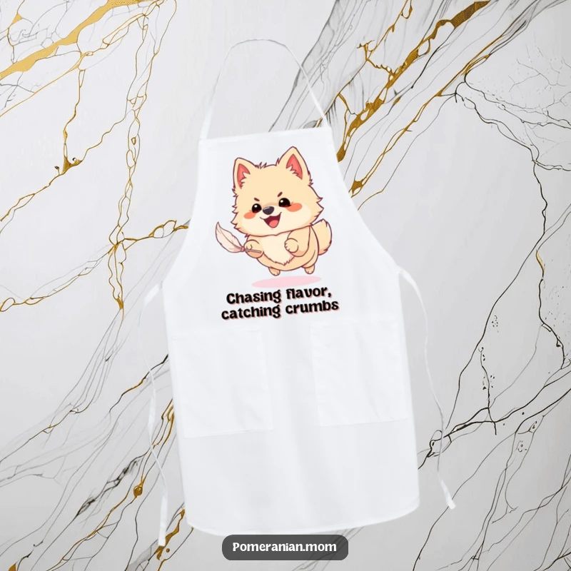 Funny Pomeranian apron depicting a dog enthusiastically chasing a feather, ideal for home cooks who enjoy adding humor to their kitchen.