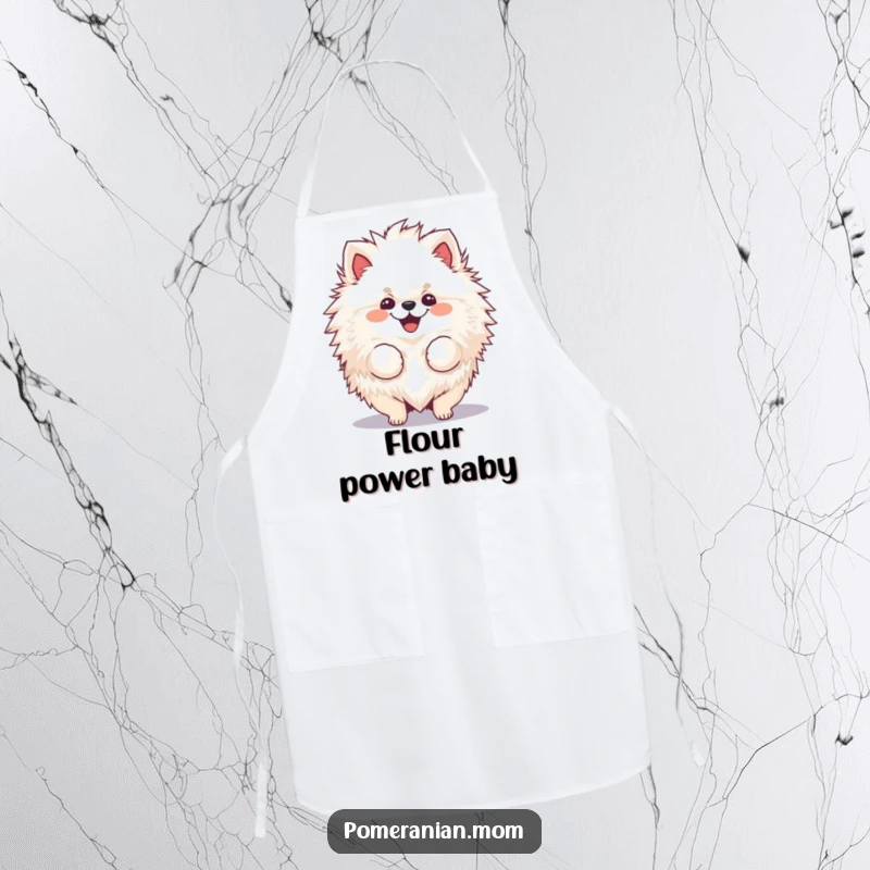 Funny, cheerful Pomeranian apron joyfully shaking its voluminous, fluffy fur.