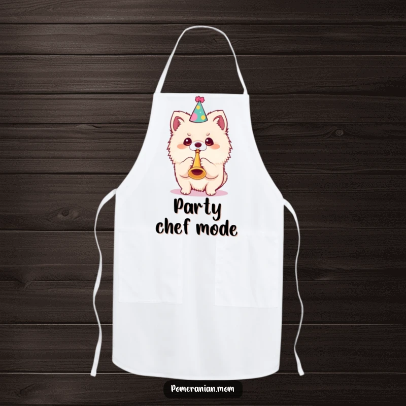 Funny Kawaii Pomeranian Apron: A cute dog wearing a party hat blows a tiny trumpet, perfect for a joyful celebration.
