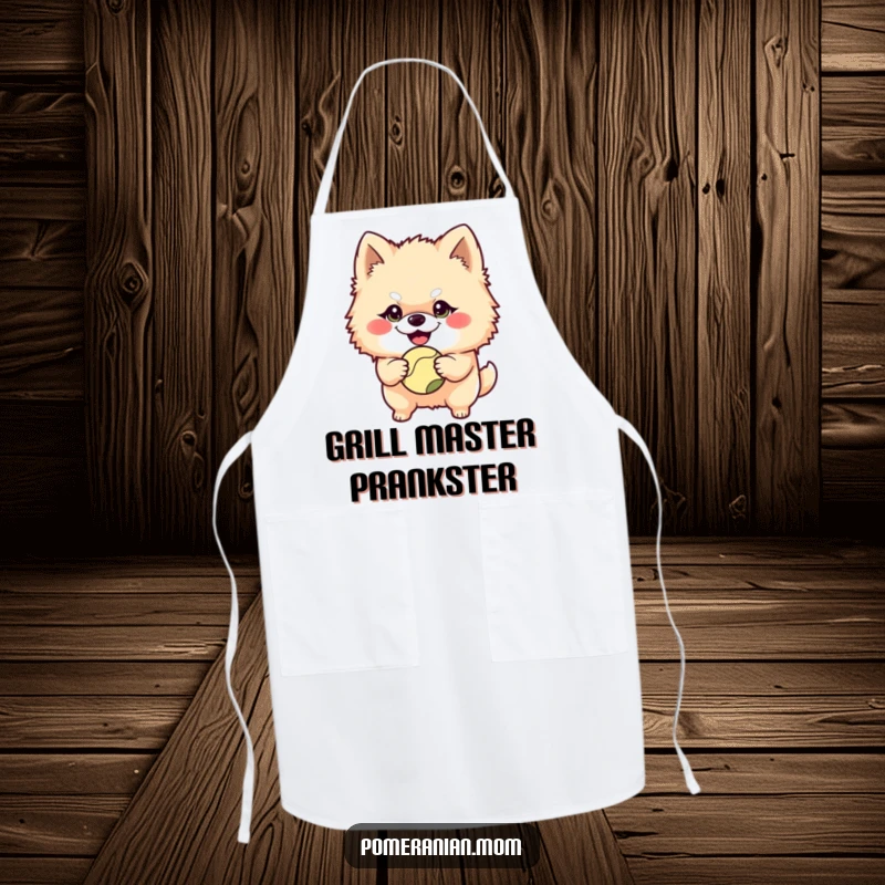 Funny Pomeranian character with a mischievous grin holding a ball on this functional apron, adding a touch of playful fun to cooking.