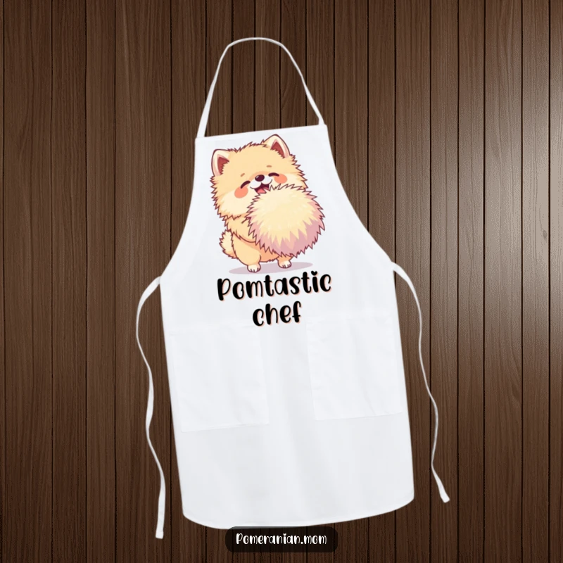 Funny Pomeranian apron with a joyful dog shaking a very large pom-pom, perfect for adding charm to cooking or baking.