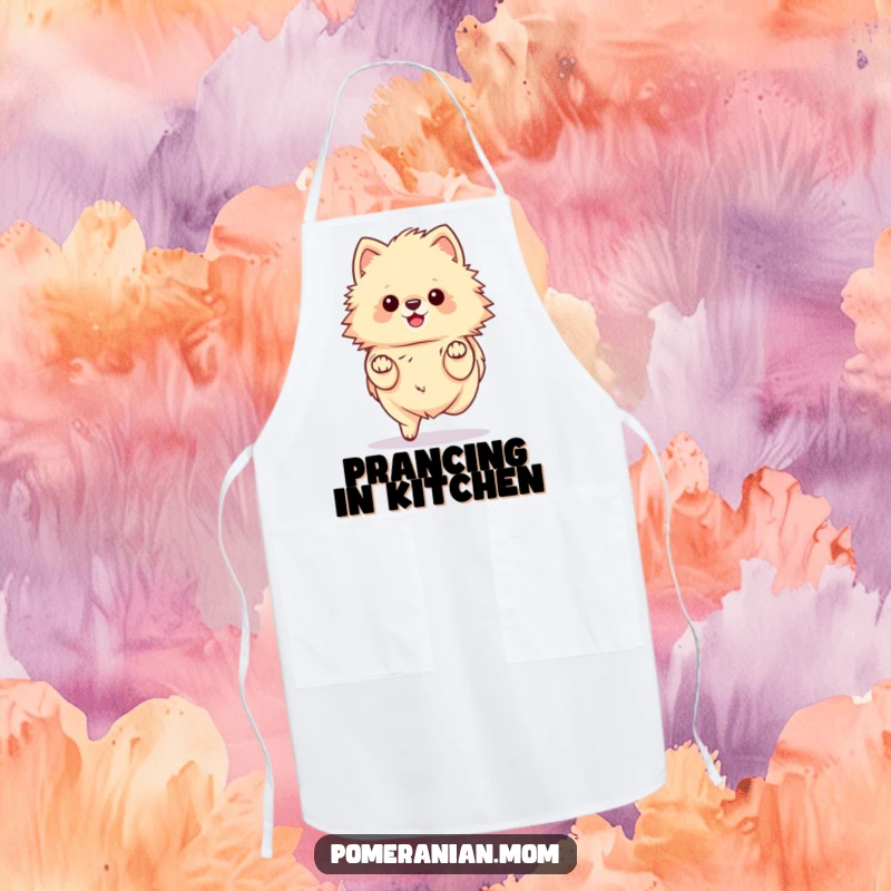 Funny kawaii Pomeranian apron, depicting a fluffy dog prancing elegantly with tiny paws. Great for chic cooks.