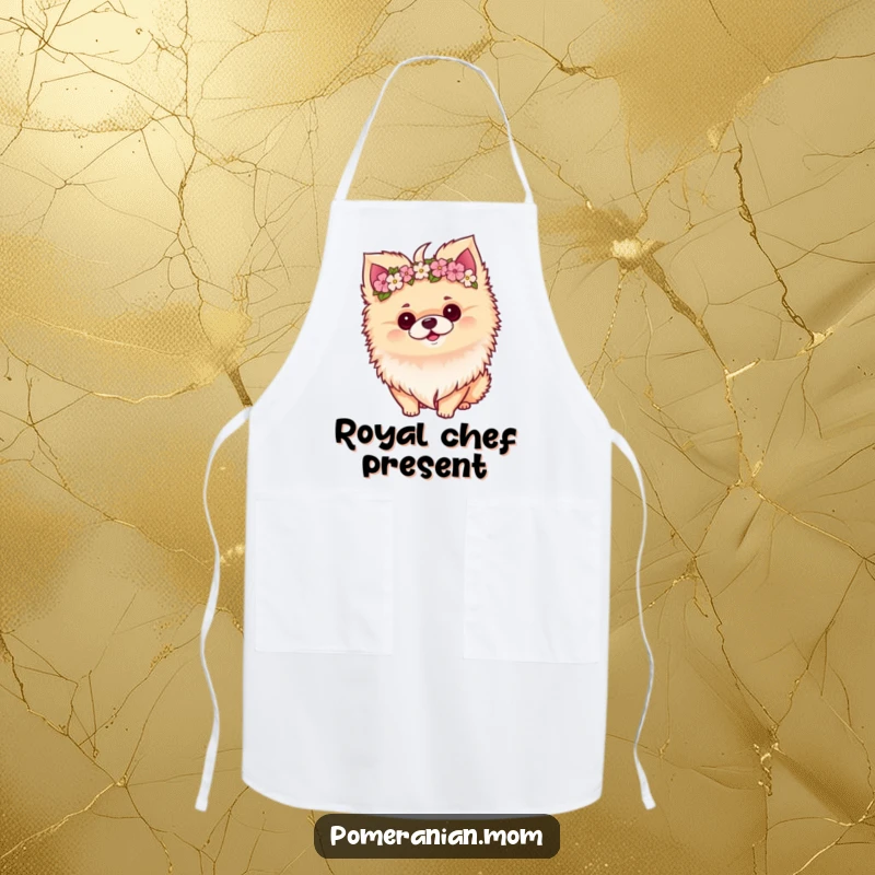Funny Kawaii Pomeranian wearing a flower crown on a cute kitchen apron, ready to cook with style.