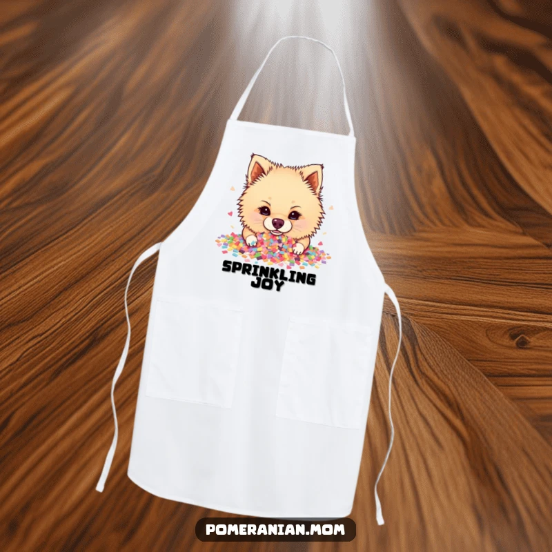 Funny Pomeranian apron featuring a dog joyfully diving into a huge, colorful pile of celebratory confetti while cooking.