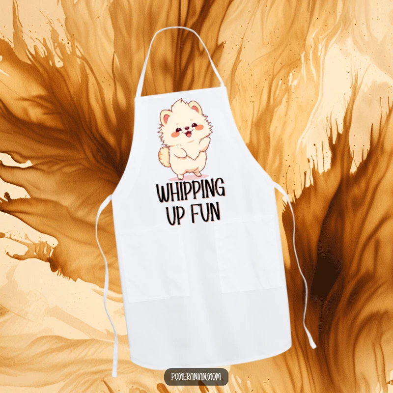 Funny Kawaii Pomeranian apron, a fluffy dog performing a joyful twirl, great for baking and cooking.