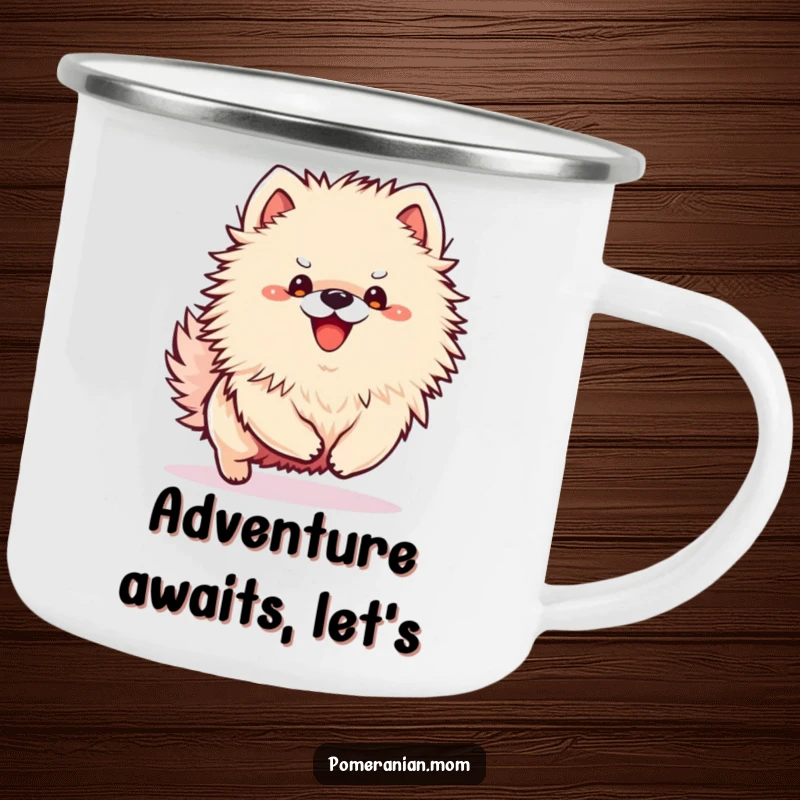 Funny Kawaii Pomeranian camping mug showing a small dog in an excited bounce, ready for playtime.