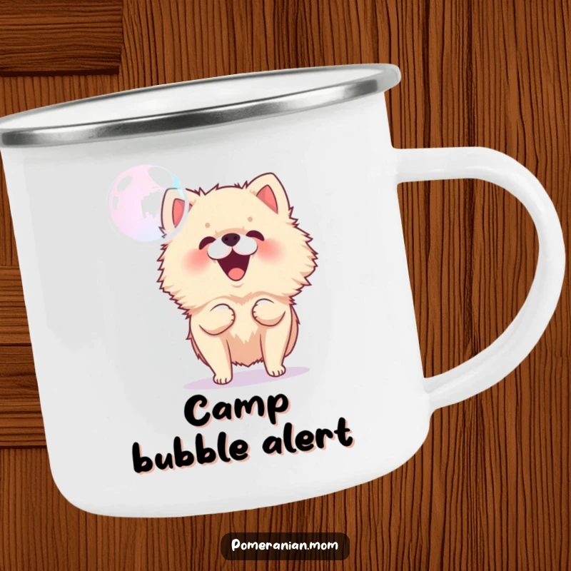 Funny Pomeranian camping mug showing an energetic dog barking at a bubble, perfect for outdoor enthusiasts who love playful humor.