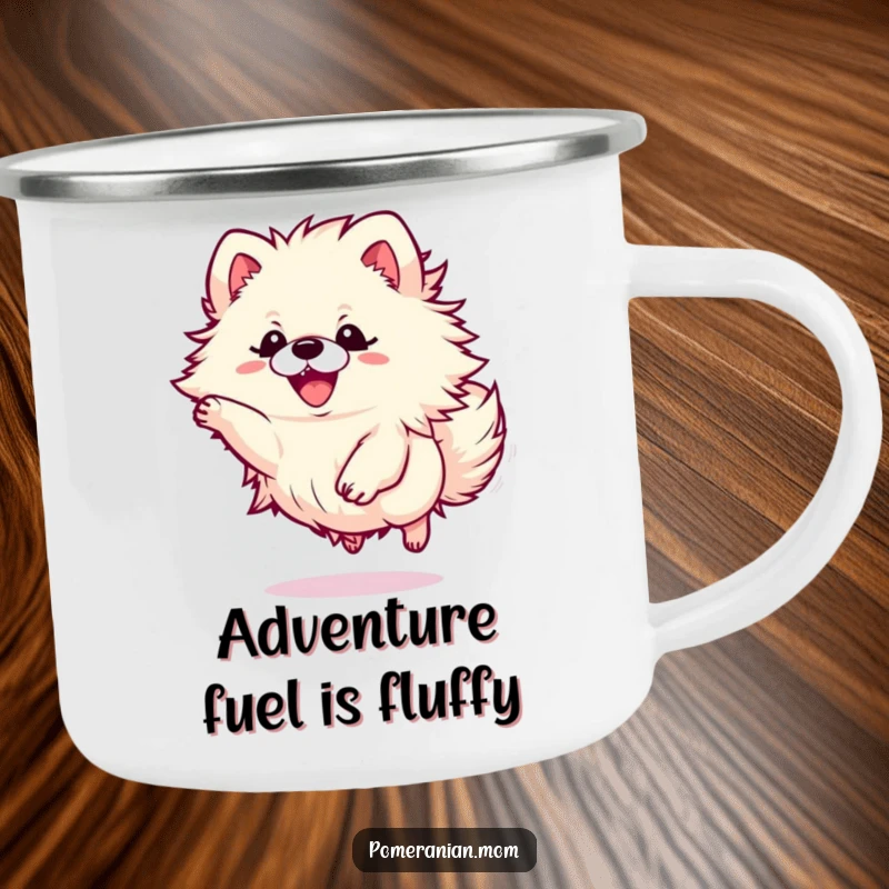 Funny Kawaii Pomeranian camping mug showing a small dog leaping enthusiastically, perfect for outdoor adventures and hot drinks.