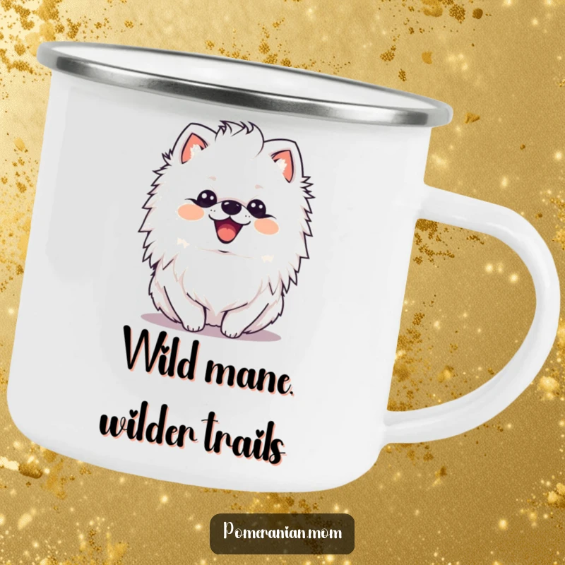 Funny kawaii Pomeranian with a delighted expression shaking its mane on this rugged camping mug, ready for outdoor fun.