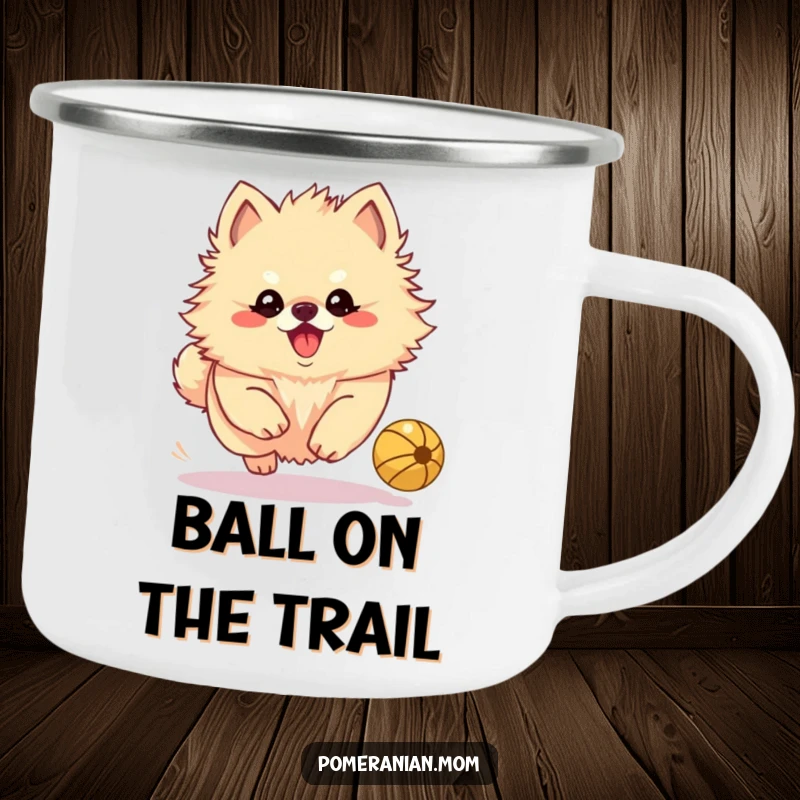Funny Kawaii Pomeranian in pursuit of a bouncing ball, ready for any outdoor adventure on this mug.