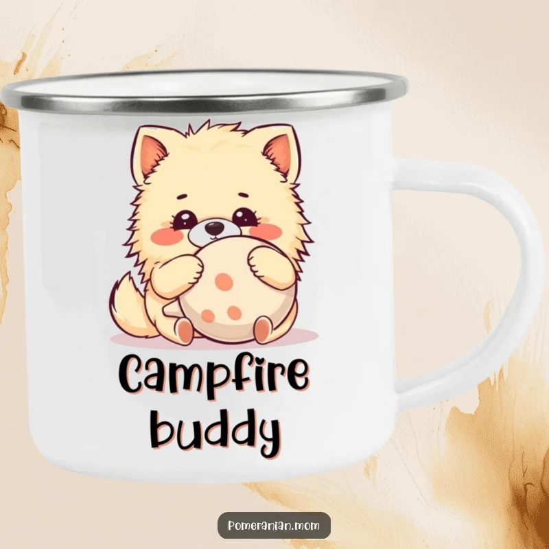 Funny Kawaii Pomeranian Camping Mug: An adorable dog hugs a comically large squeaky toy with delight, perfect for adventurers.