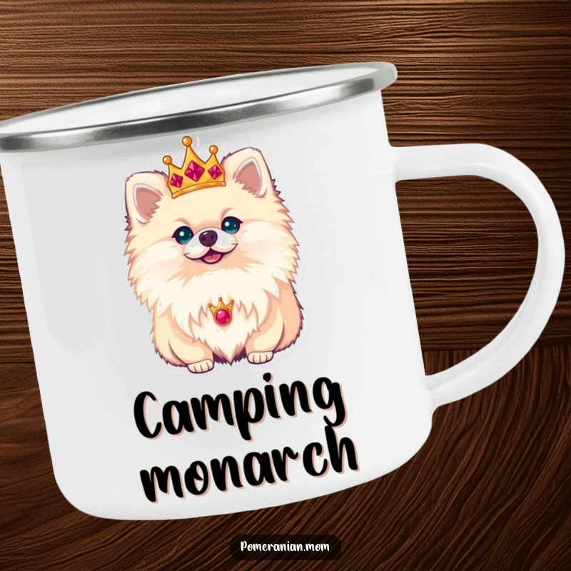 Funny Pomeranian camping mug showing a small dog wearing a tiny crown, looking regal and ready for outdoor exploration.