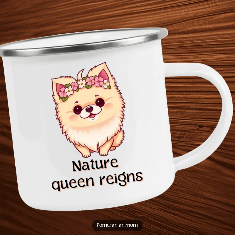 Funny Kawaii Pomeranian wearing a flower crown on a durable camping mug, perfect for outdoor charm.