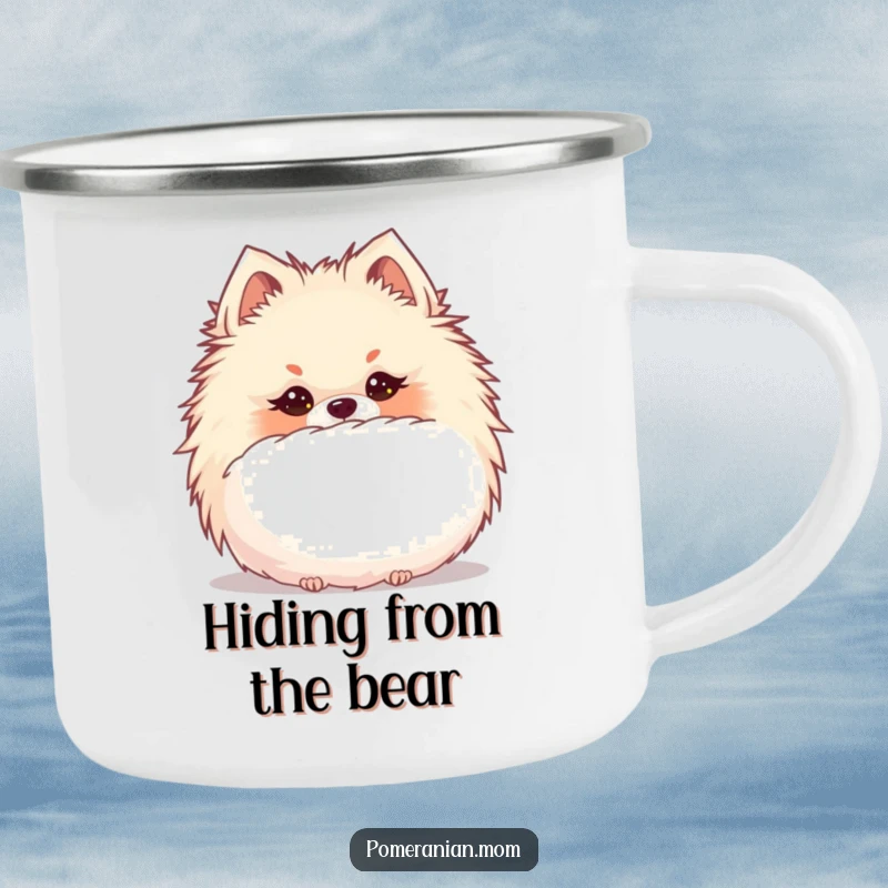 Funny Kawaii Pomeranian hiding behind a puffball on a durable camping mug, perfect for playful outdoor moments.