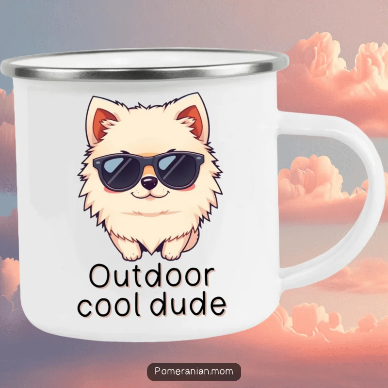Funny kawaii Pomeranian wearing tiny sunglasses and winking camping mug, ideal for stylish outdoor adventures.