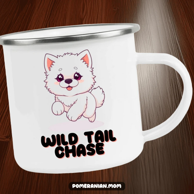 Funny camping mug showing a fluffy white dog with wide eyes, playfully chasing its tail in a circle, perfect for outdoor fun.