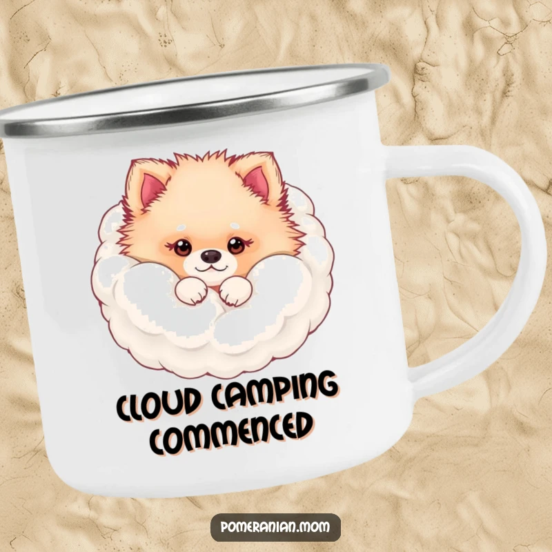 Funny kawaii Pomeranian peeking from its fluffy fur cloud camping mug, ideal for outdoor adventures and cozy moments.