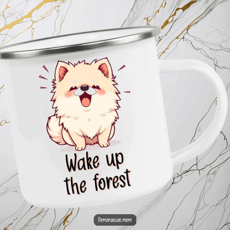 Funny Kawaii Pomeranian Camping Mug: A cute dog barking with sound lines, perfect for adding funny cheer outdoors.