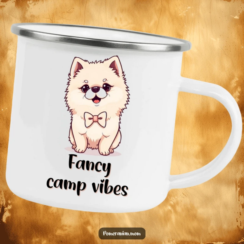 Funny Kawaii Pomeranian camping mug, showing a proud dog in a bowtie, ideal for stylish outdoor enthusiasts.