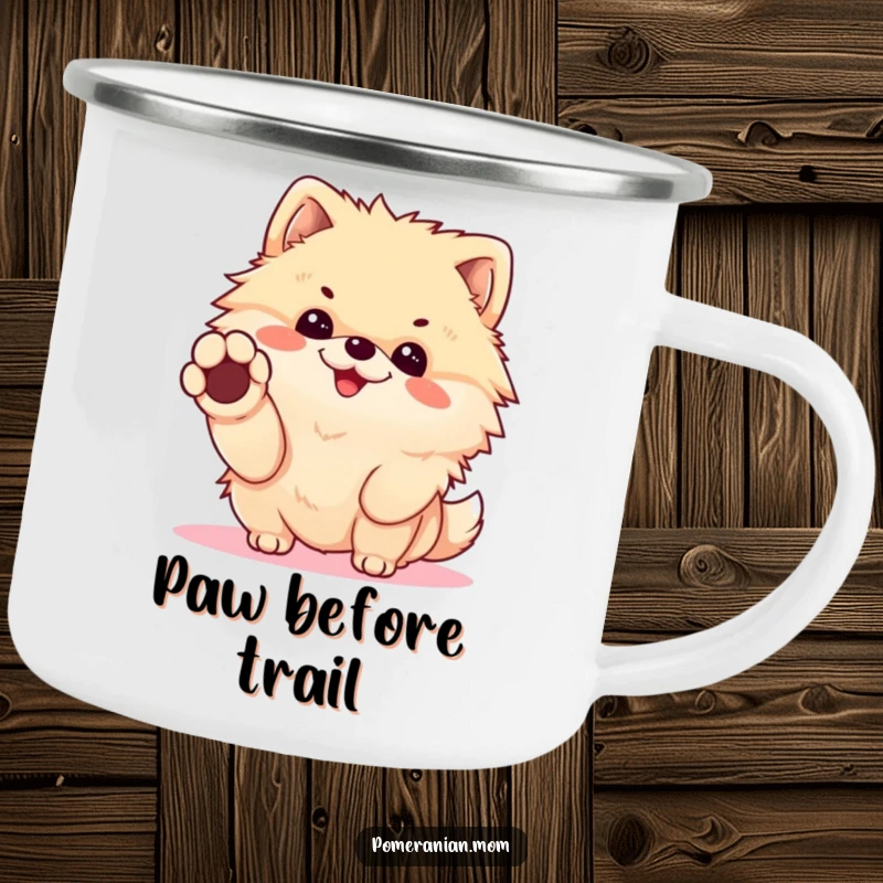Funny Kawaii Pomeranian Camping Mug: Cheerful dog offering a paw for a handshake, a humorous and friendly cup for outdoor use.