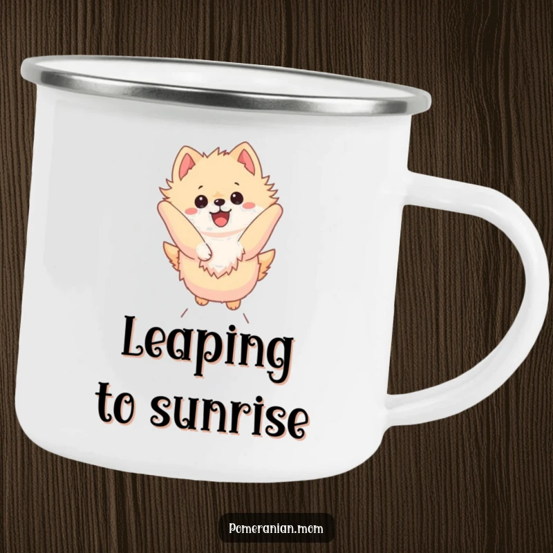 Funny Kawaii Pomeranian Camping Mug: Dog in a dynamic leap, ready for outdoor fun, a humorous and durable cup.