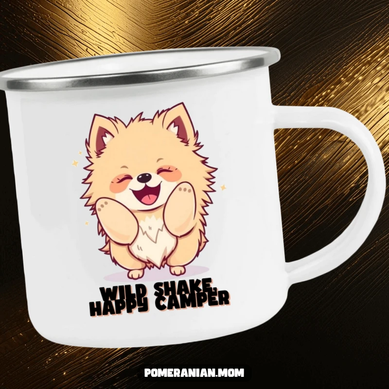 Funny Kawaii Pomeranian camping mug, showing a fluffy dog shaking its body with glee, ideal for outdoors.