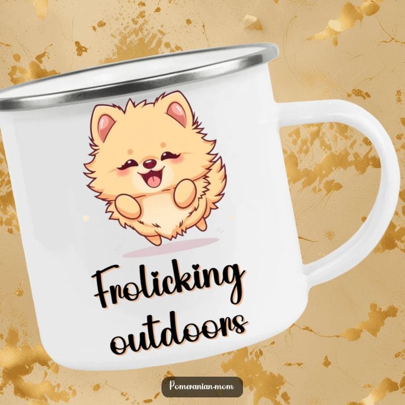 Funny Kawaii Pomeranian Camping Mug: A fluffy dog frolicking with sheer joy, ready for outdoor fun and caffeine.